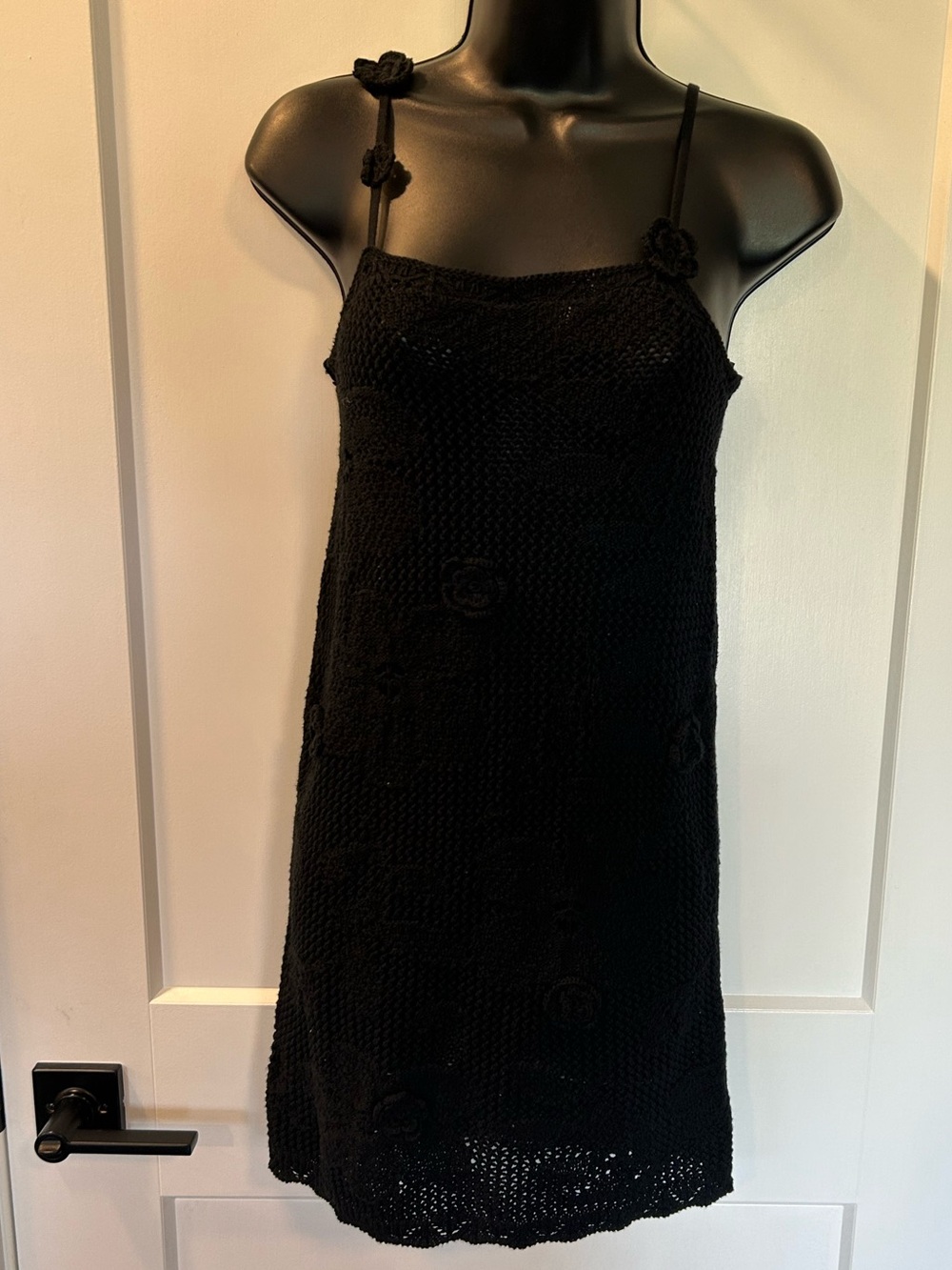 wild fable Black Crochet Mini Dress with Floral Rosettes